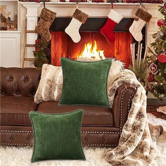 Set Of 2 |  Green  |  Christmas Chenille Soft Throw Pillow Covers 18x18 | Decor - Picture 2 of 6